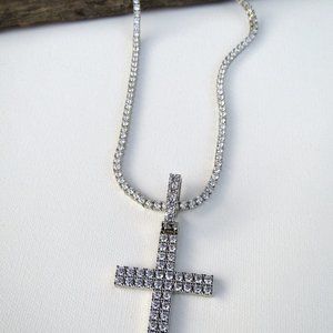 Gold Presidents Tennis Chain Necklace Cross Gold Plated CZ Iced Out